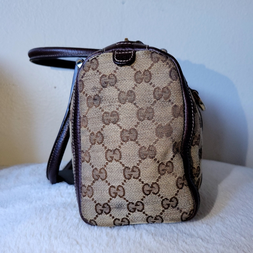 Gucci Beige Logo Canvas and Brown Leather Satchel - Picture 13 of 14